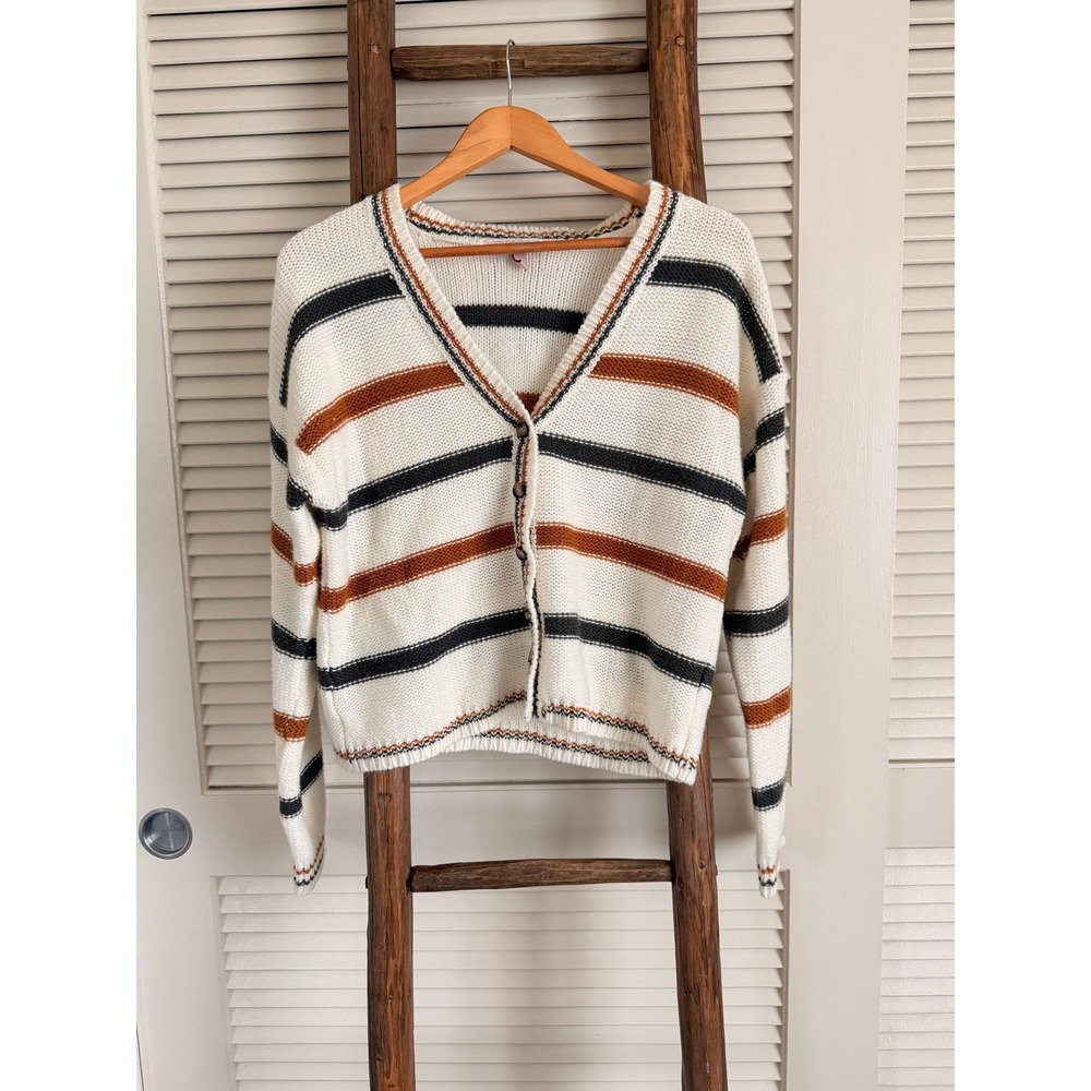 Harlow‎ & Rose Striped Knit Cardigan Sweater Cream Brown Black Size M